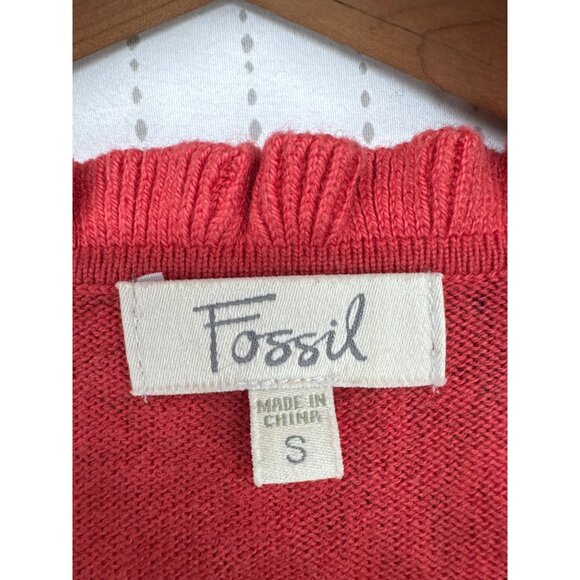 Fossil Women Cardigan Sz S Burnt Orange Floral Modern Fairy Cashmere Ruffle Neck - Picture 3 of 9
